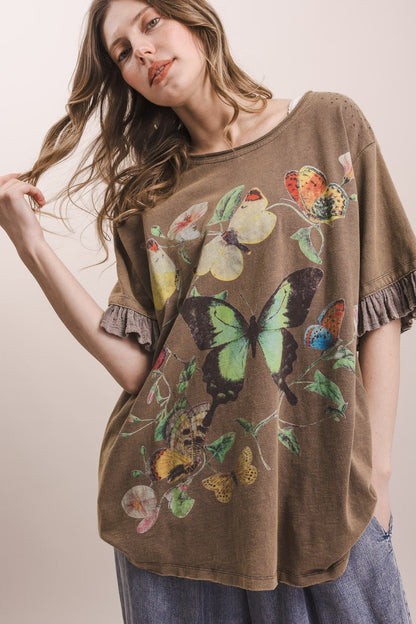 Butterfly Print Ruffle Short Sleeve Top - Boho Wanderlust Boutique Blue Velvet