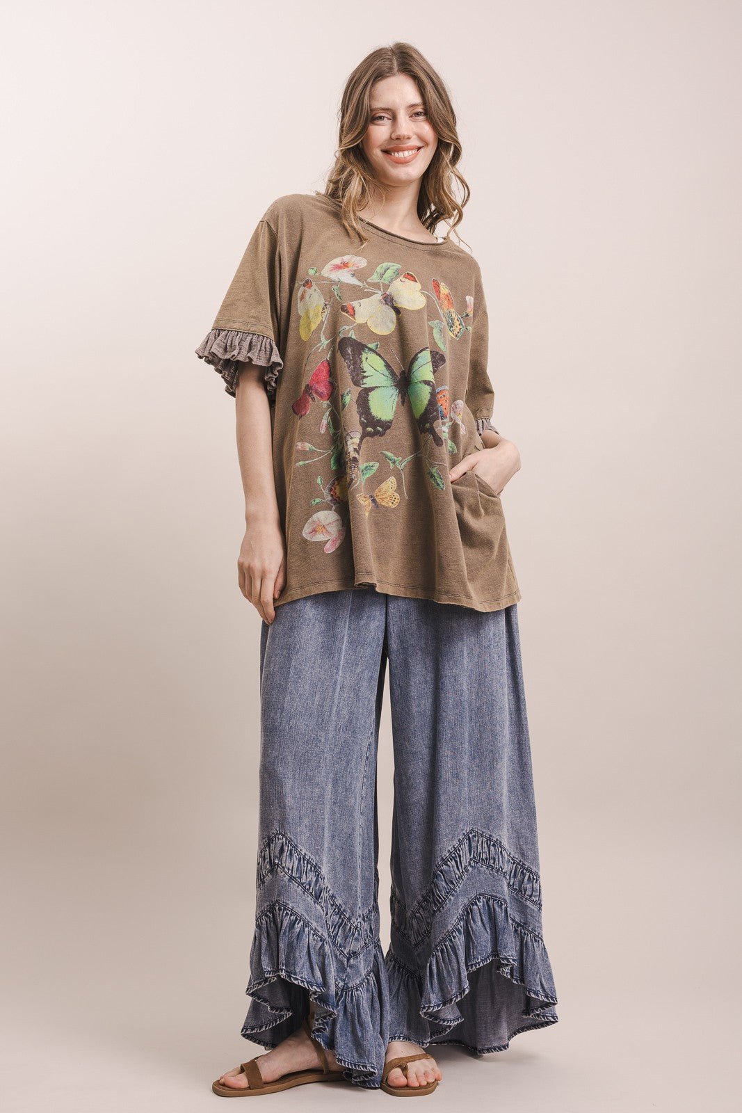 Butterfly Print Ruffle Short Sleeve Top - Boho Wanderlust Boutique Blue Velvet