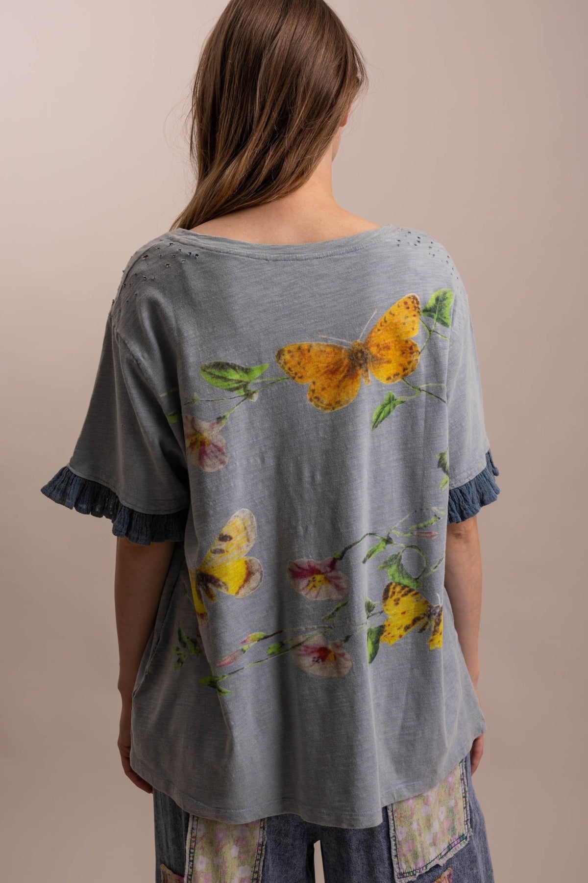 Butterfly Print Ruffle Short Sleeve Top - Boho Wanderlust Boutique Blue Velvet