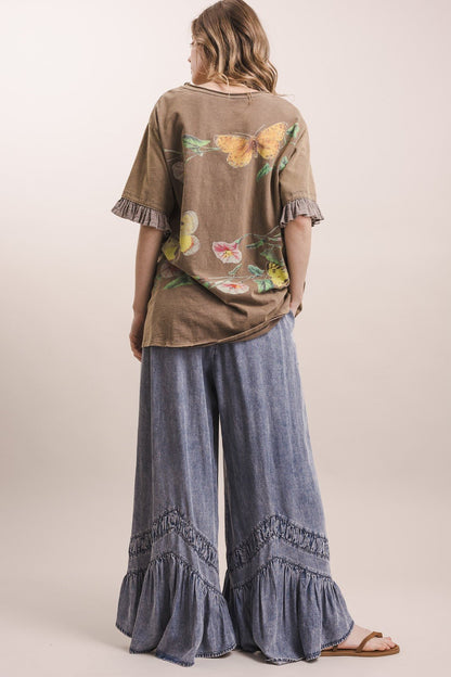 Butterfly Print Ruffle Short Sleeve Top - Boho Wanderlust Boutique Blue Velvet
