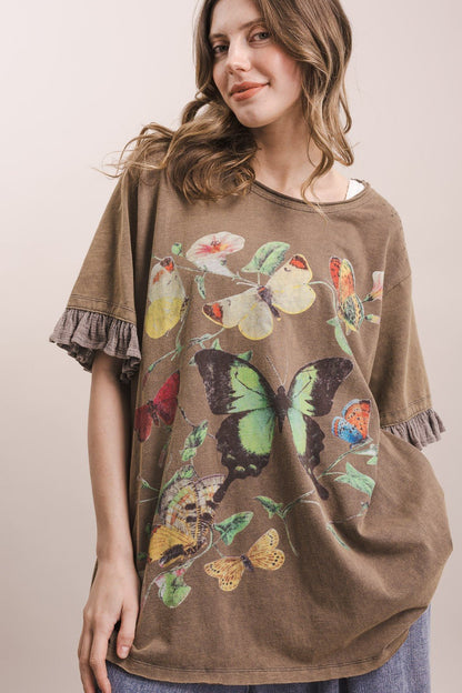 Butterfly Print Ruffle Short Sleeve Top - Boho Wanderlust Boutique Blue Velvet