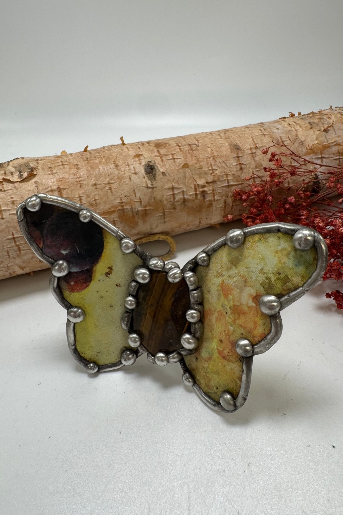 Butterfly Recycled Tin Cuff Bracelet w/ Gemstone Style 24 - ivyandlavyboutique ivyandlavyboutique