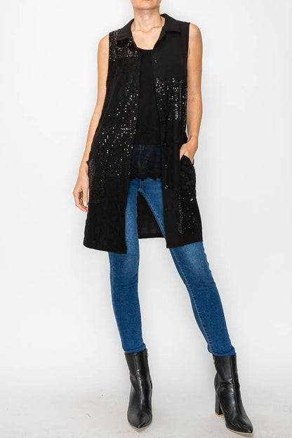 Button - Up Tunic Vest With Lace & Sequin Details - ivyandlavyboutique Origami Apparel ~ Lace and Crochet inspired