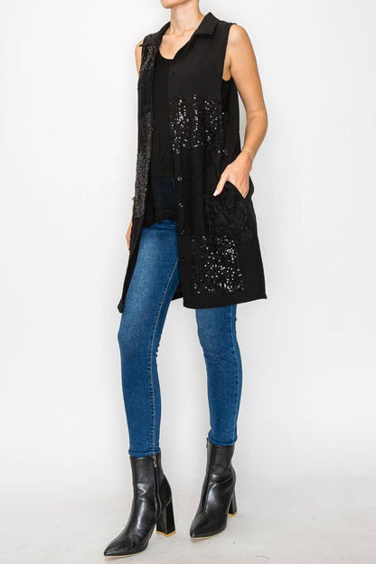 Button - Up Tunic Vest With Lace & Sequin Details - ivyandlavyboutique Origami Apparel ~ Lace and Crochet inspired