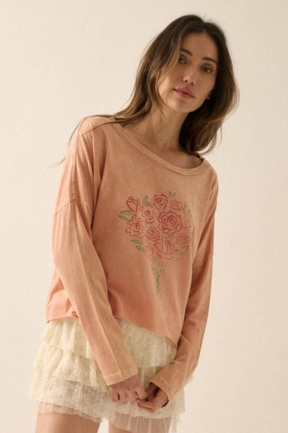 Rose Bouquet Cropped Long-Sleeve Graphic Tee