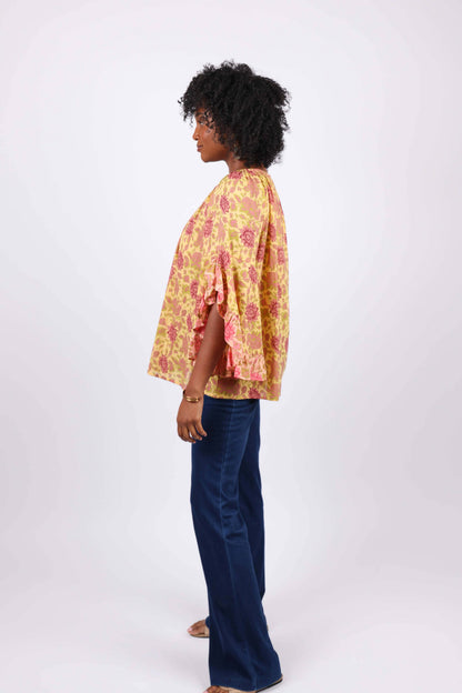 Lemon Floral Flair-Sleeve Blouse in Cotton Voile