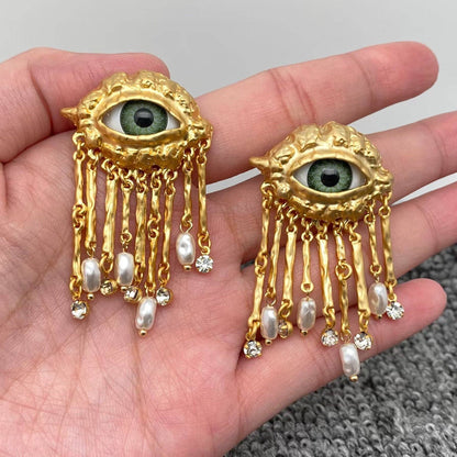 Turkey Evil Eye Pearl & CZ Metal Tassel Post Earrings