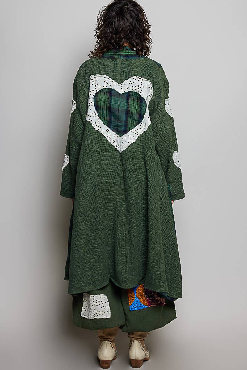 Plaid Textured Lace Heart Patch Woven Open Front Coat