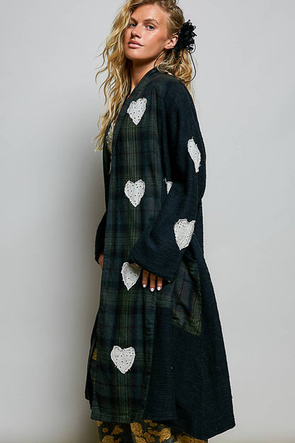 Plaid Textured Lace Heart Patch Woven Open Front Coat