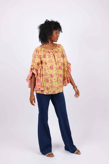 Lemon Floral Flair-Sleeve Blouse in Cotton Voile