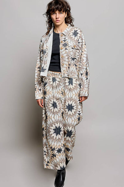 Elasticized Back Waistband Geometric Star Wide Leg Pants