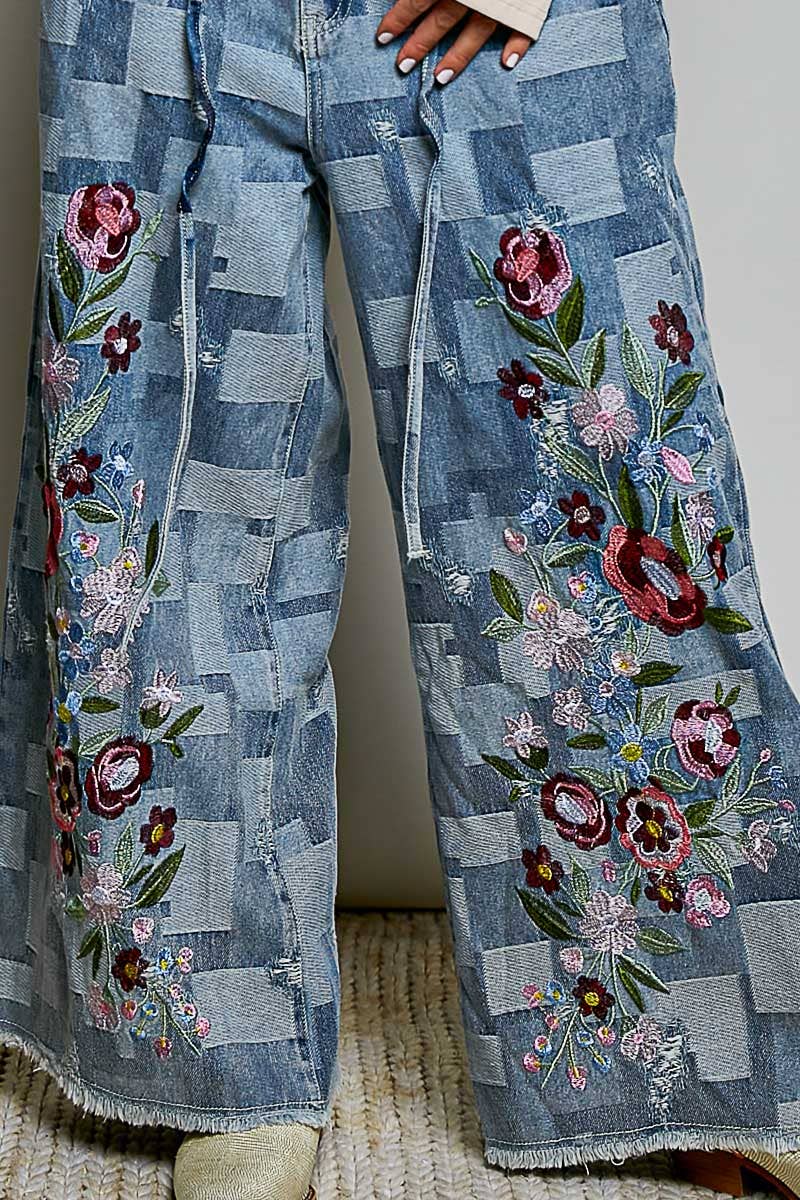 Floral Maze Vintage Patchwork Denim Floral Embroidered Wide Leg Pants