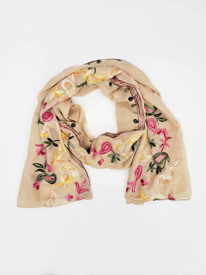 Callie Embroidered Scarf in Wheat - ivyandlavyboutique Raj Trading & Imports (USA) Inc.