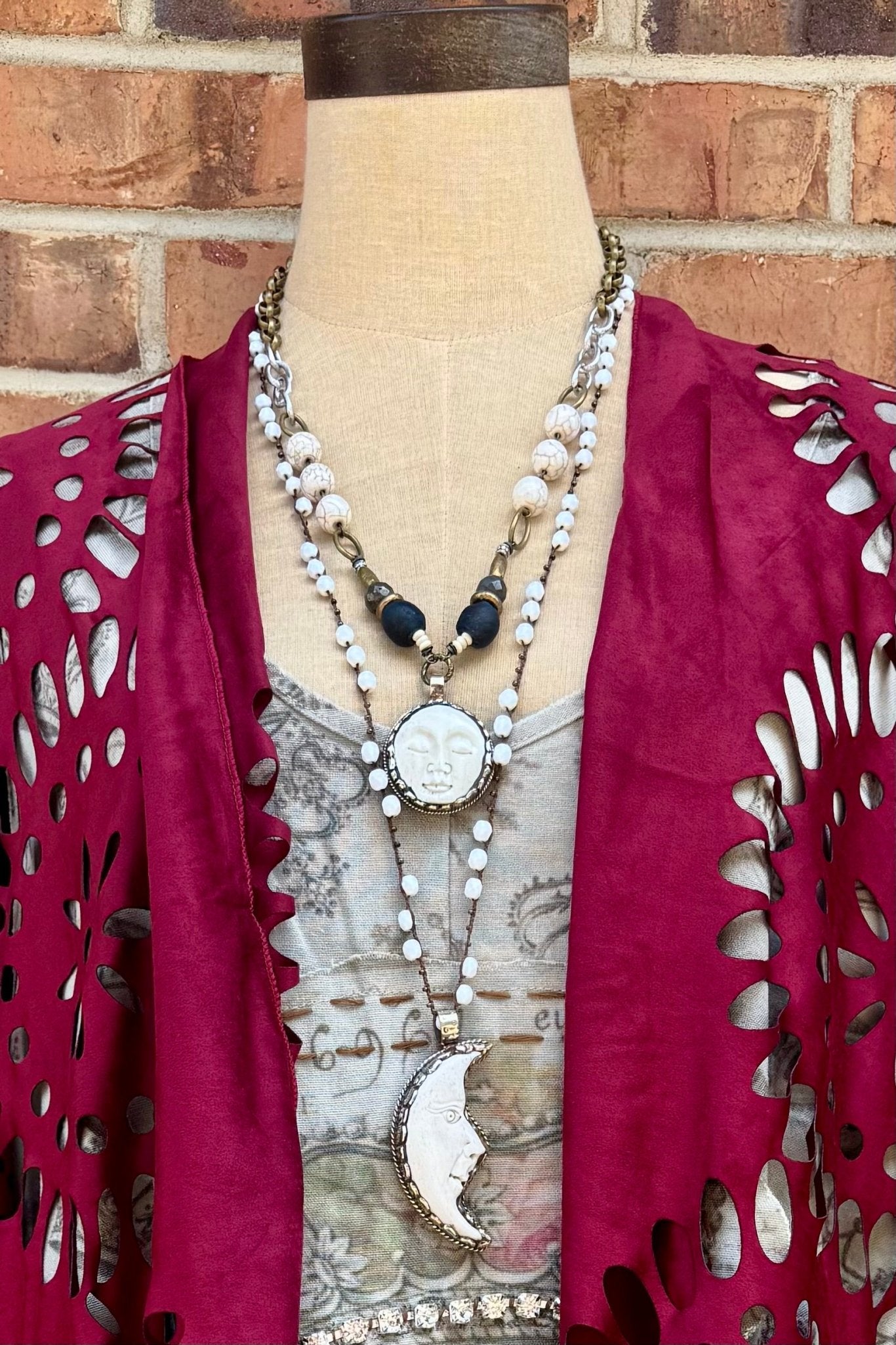 Carved Moon Face Necklace on Knotted Gemstone Chain - ivyandlavyboutique ivyandlavyboutique