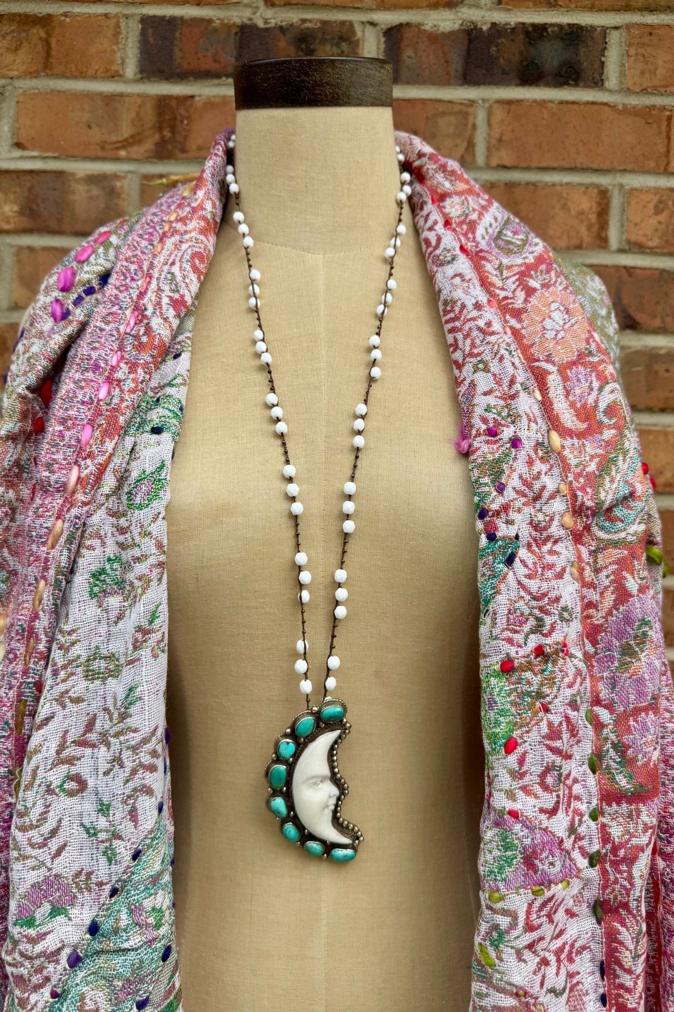 Carved Moon Face Necklace on Knotted Gemstone Chain - ivyandlavyboutique ivyandlavyboutique