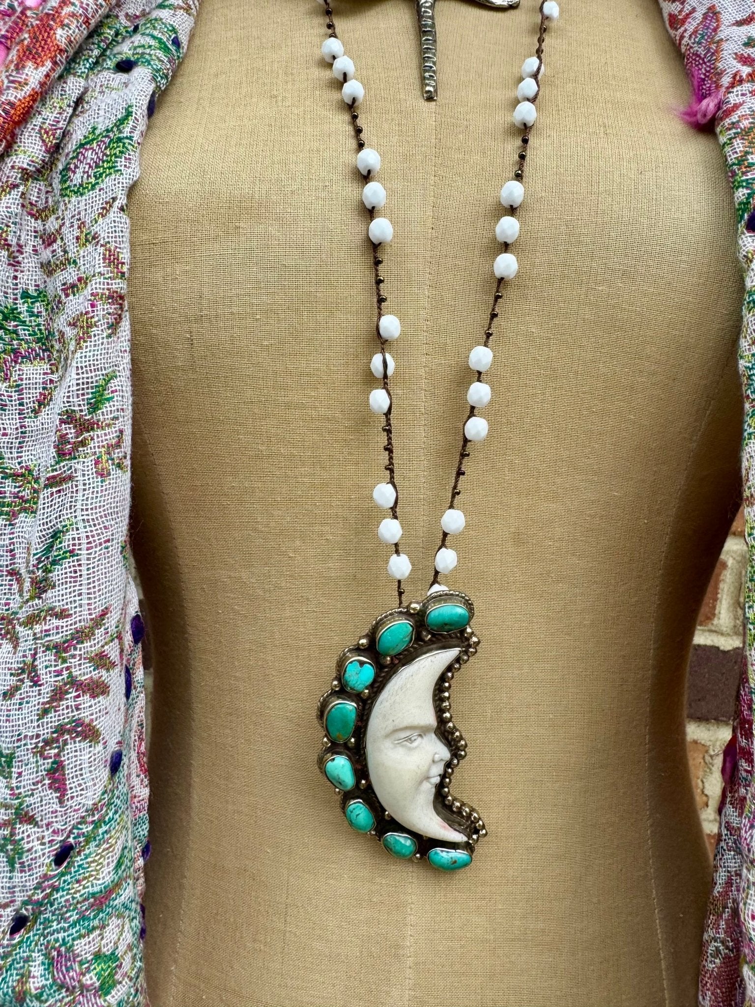 Carved Moon Face Necklace on Knotted Gemstone Chain - ivyandlavyboutique ivyandlavyboutique