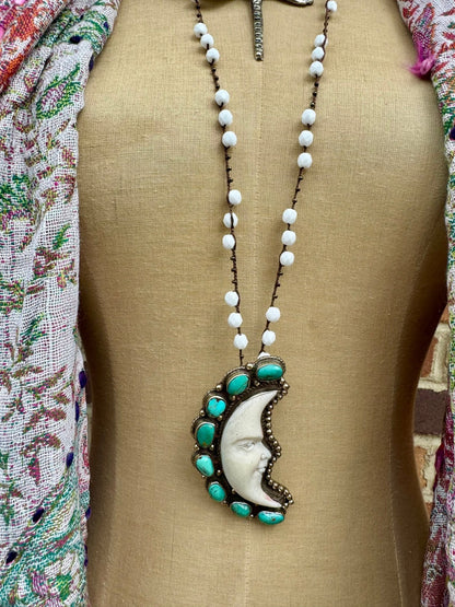 Carved Moon Face Necklace on Knotted Gemstone Chain - ivyandlavyboutique ivyandlavyboutique