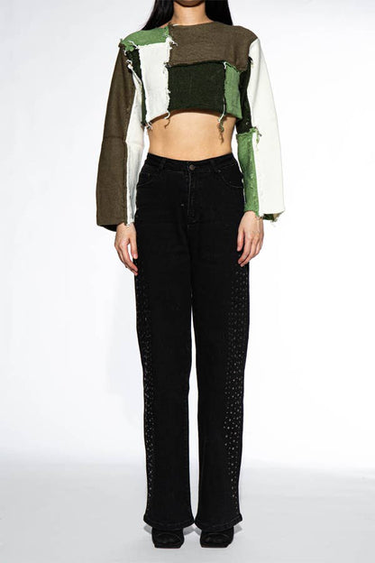 Raw Edge Color Block Cropped Knit Sweater