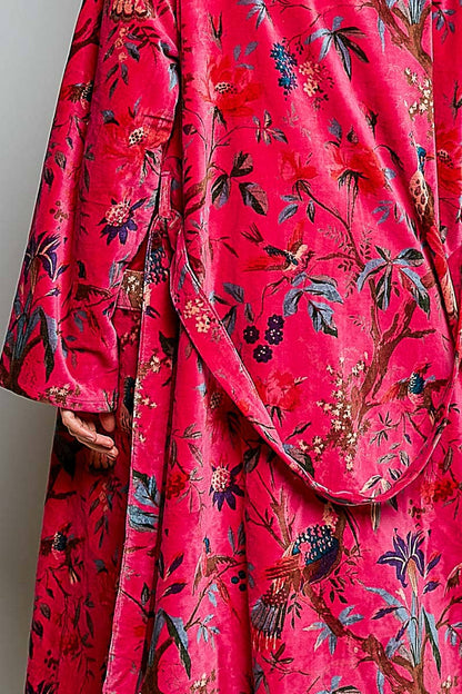 Full Length Self Tie Belt Kimono Style Robe Velvet Jacket in Fuchsia