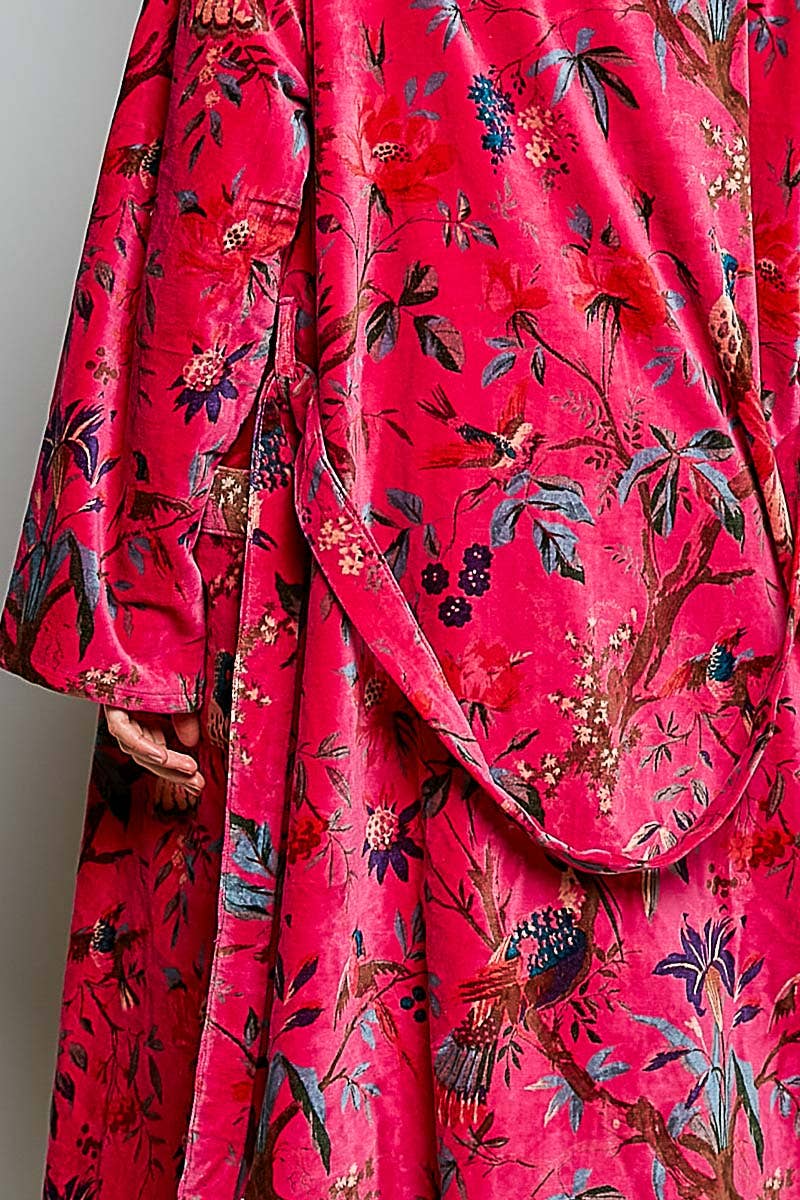 Full Length Self Tie Belt Kimono Style Robe Velvet Jacket in Fuchsia