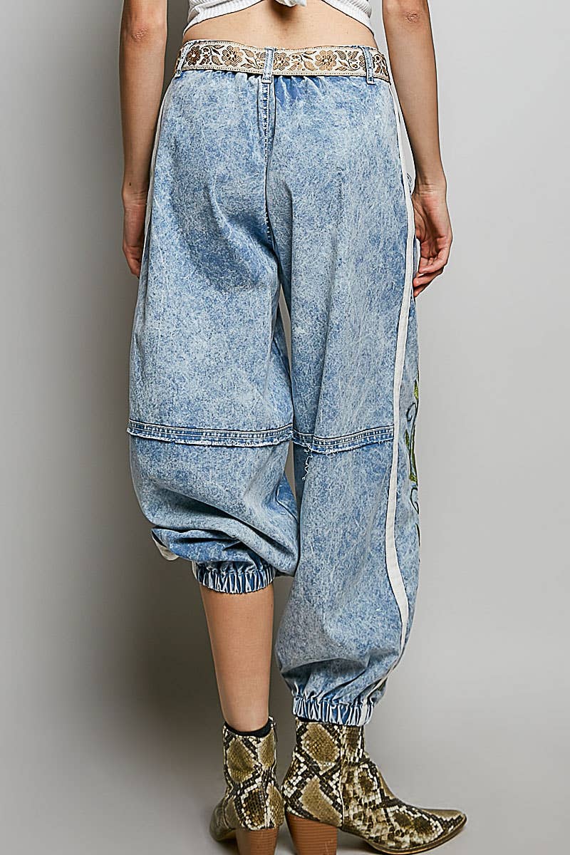 Picking Flower Vintage Floral Artisan Embroidered Twill Jogger Pants