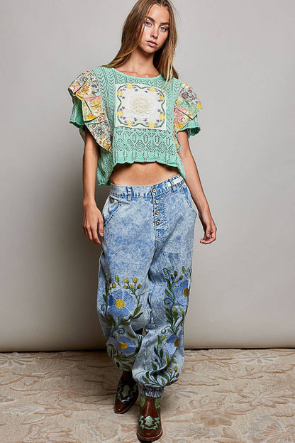Picking Flower Vintage Floral Artisan Embroidered Twill Jogger Pants