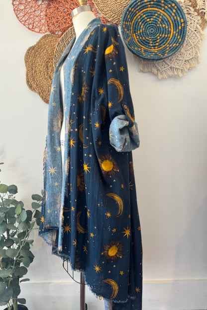 Celestial Moon Appliqué Duster Jacket - ivyandlavyboutique I LOVE LINEN