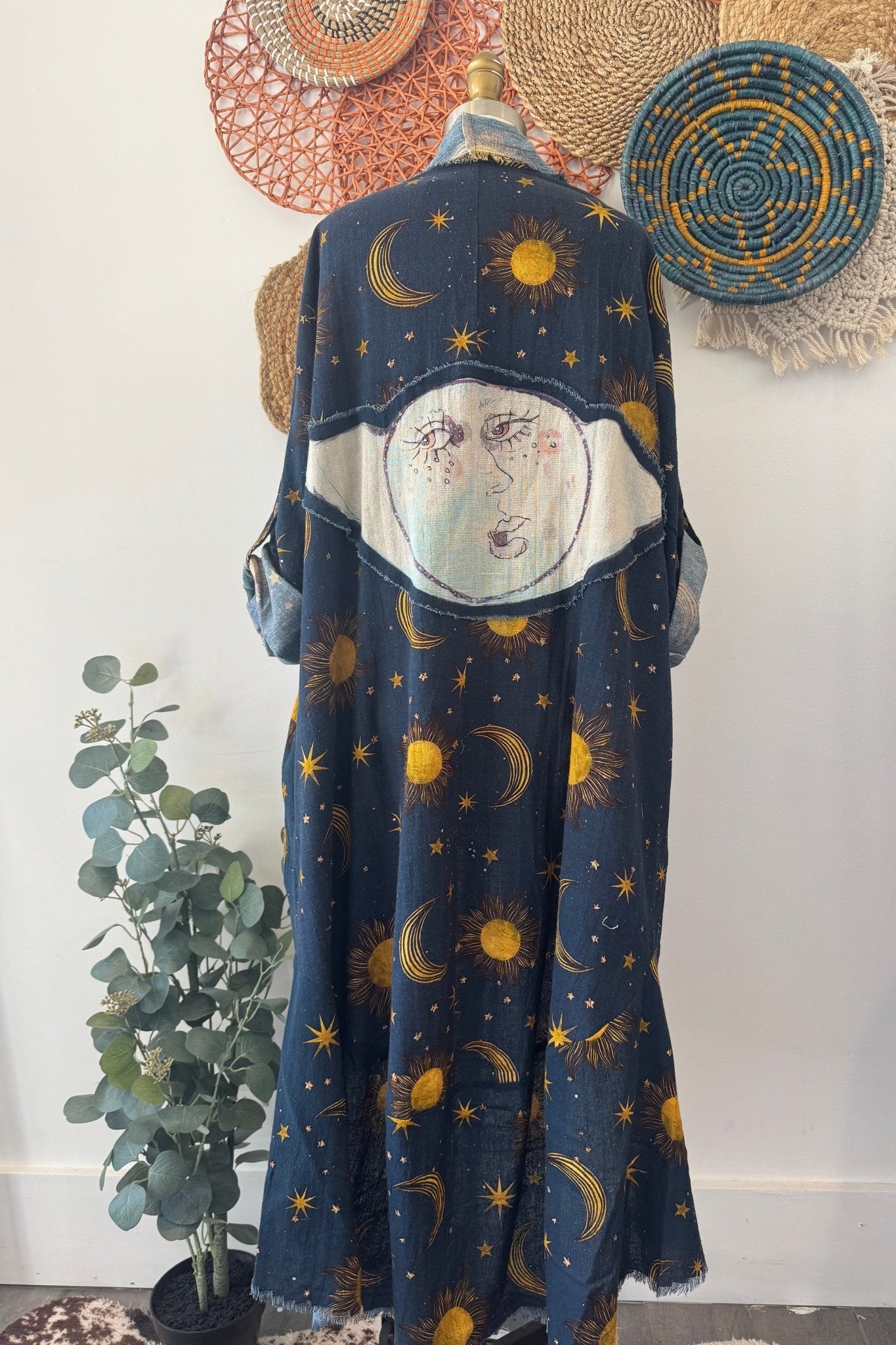 Celestial Moon Appliqué Duster Jacket - ivyandlavyboutique I LOVE LINEN