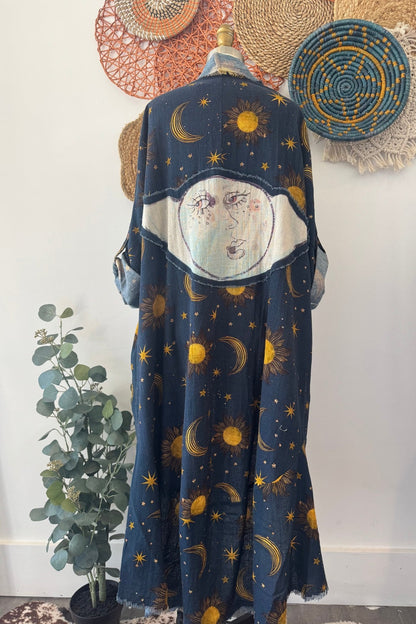 Celestial Moon Appliqué Duster Jacket - ivyandlavyboutique I LOVE LINEN