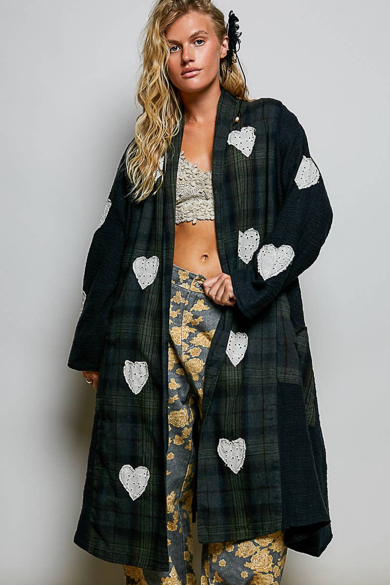 Plaid Textured Lace Heart Patch Woven Open Front Coat