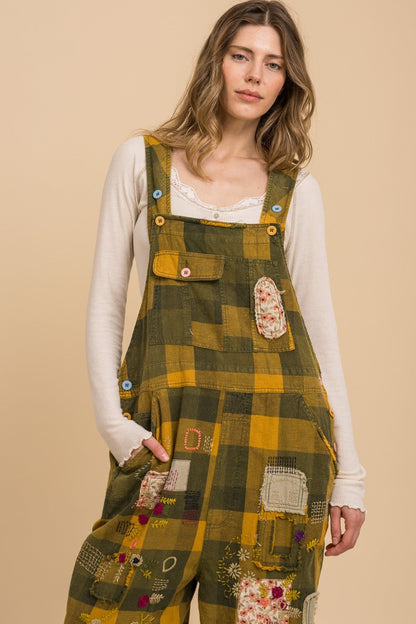 Checkerboard Patchwork Embroidered Overalls - ivyandlavyboutique Blue Velvet