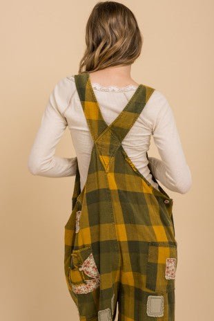 Checkerboard Patchwork Embroidered Overalls - ivyandlavyboutique Blue Velvet