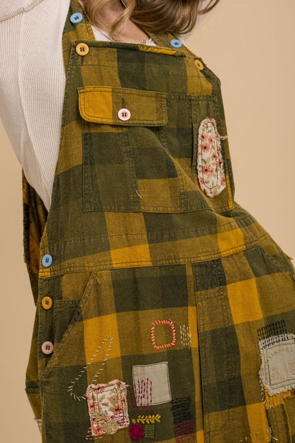 Checkerboard Patchwork Embroidered Overalls - ivyandlavyboutique Blue Velvet