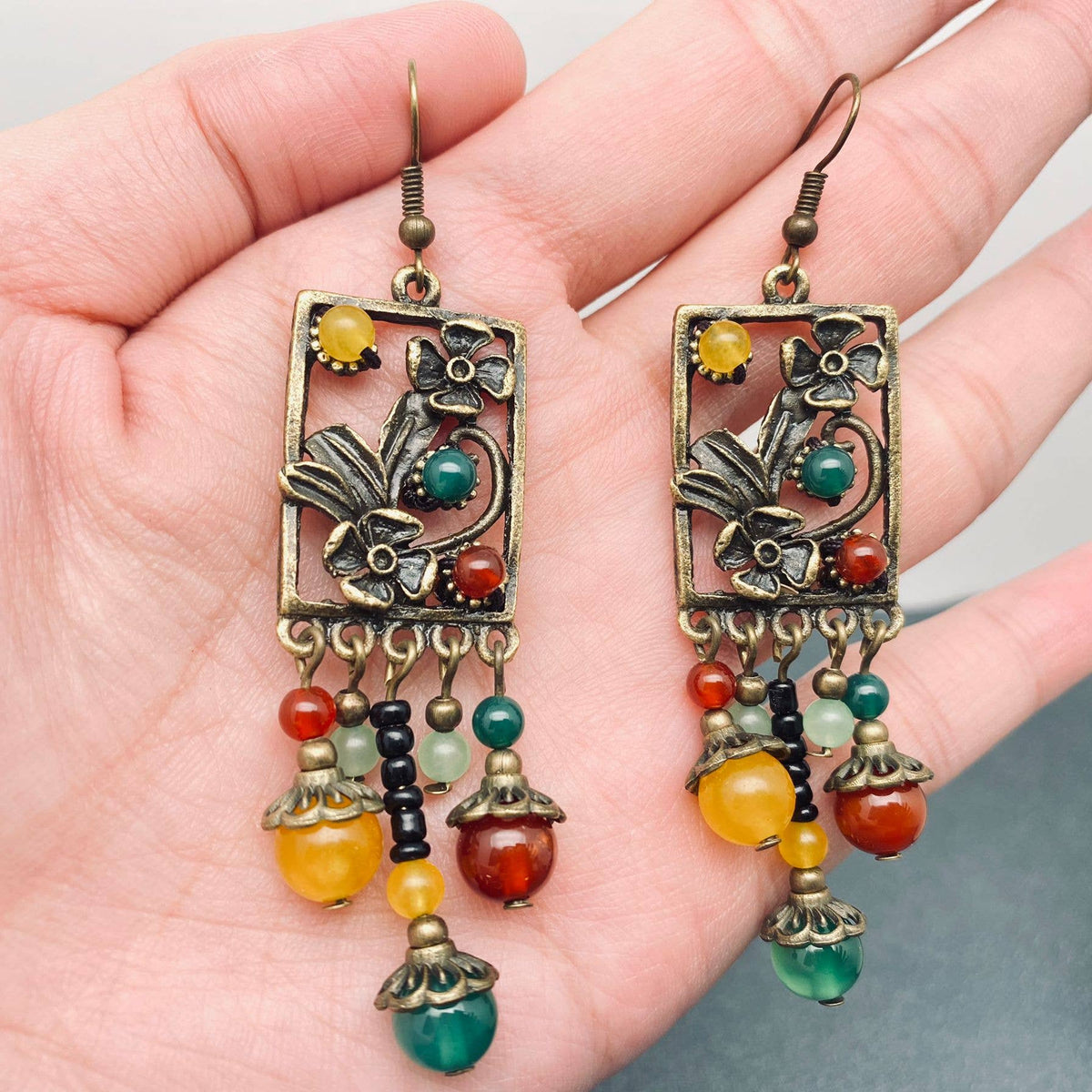 Chinoiserie Agate Glass Beaded Flower Dangle Earrings - CS - ivyandlavyboutique Mio Queena