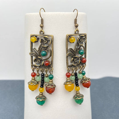 Chinoiserie Agate Glass Beaded Flower Dangle Earrings - CS - ivyandlavyboutique Mio Queena
