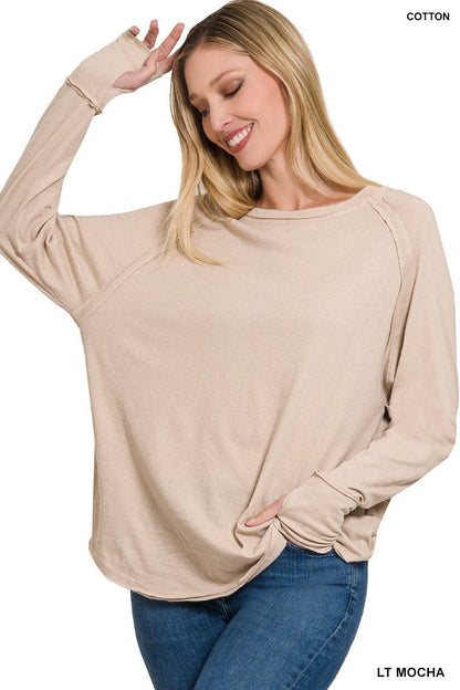 Cotton Raglan Sleeve Thumbhole Top In Lt Mocha - ivyandlavyboutique Zenana