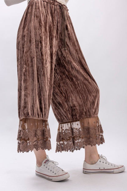 Crinkled Velvet Lace Ruffle Bloomer Pant - ivyandlavyboutique Blue Velvet