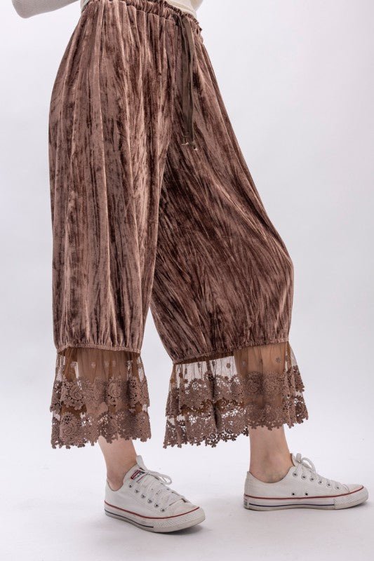 Crinkled Velvet Lace Ruffle Bloomer Pant - ivyandlavyboutique Blue Velvet