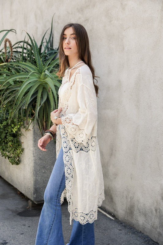Crochet Open Patch Longline Kimono - ivyandlavyboutique Leto Accessories