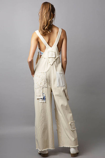 Crochet patchwork detail casual denim overalls - ivyandlavyboutique Pol Clothing