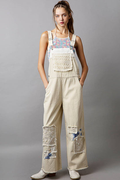 Crochet patchwork detail casual denim overalls - ivyandlavyboutique Pol Clothing