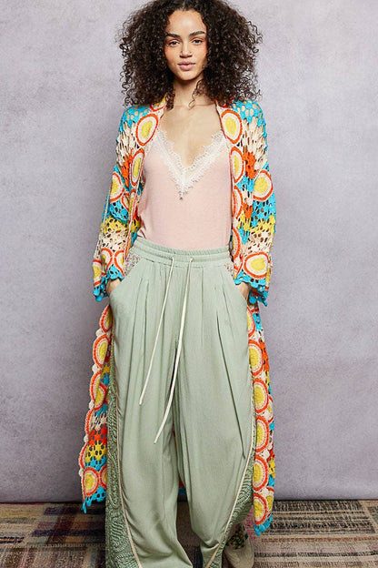 Crochet Stripe Open - Knit Scalloped Long Sleeve Cardigan in Pink - ivyandlavyboutique Pol Clothing