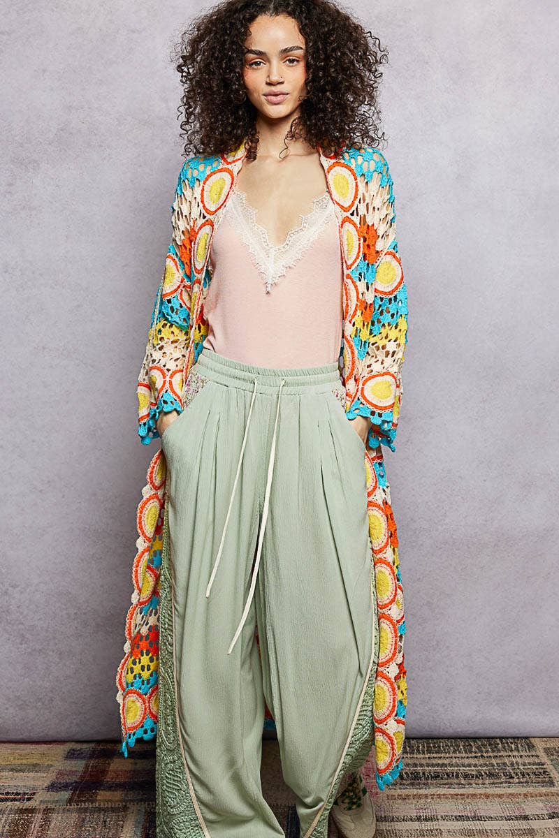 Crochet Stripe Open - Knit Scalloped Long Sleeve Cardigan in Pink - ivyandlavyboutique Pol Clothing