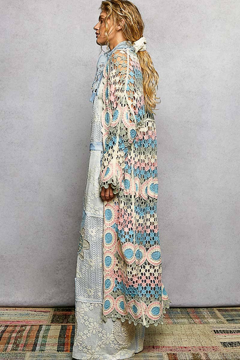 Crochet Stripe Open - Knit Scalloped Long Sleeve Cardigan in Pink - ivyandlavyboutique Pol Clothing