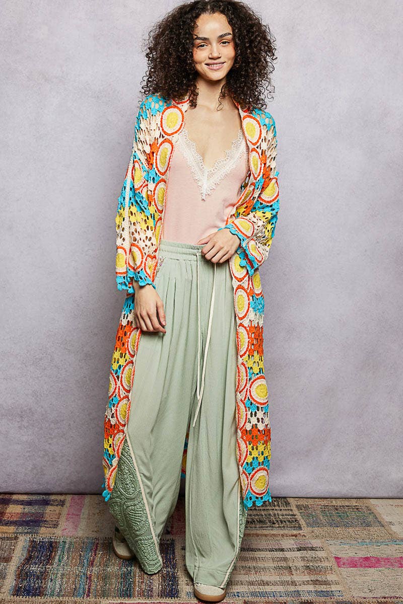 Crochet Stripe Open - Knit Scalloped Long Sleeve Cardigan in Pink - ivyandlavyboutique Pol Clothing