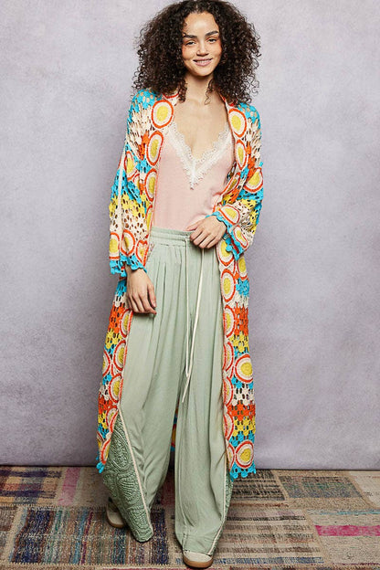Crochet Stripe Open - Knit Scalloped Long Sleeve Cardigan in Sage - ivyandlavyboutique Pol Clothing
