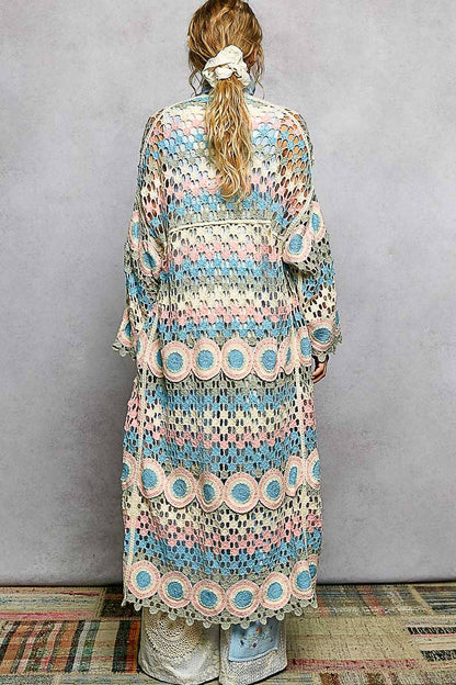 Crochet Stripe Open - Knit Scalloped Long Sleeve Cardigan in Sage - ivyandlavyboutique Pol Clothing