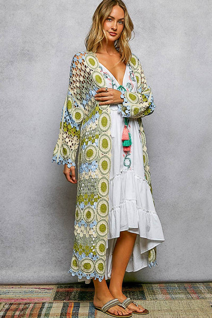 Crochet Stripe Open - Knit Scalloped Long Sleeve Cardigan in Sage - ivyandlavyboutique Pol Clothing
