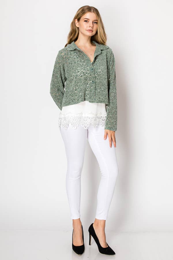 Cropped Sequin Embellished Button - Up Jacket - ivyandlavyboutique Origami Apparel ~ Lace and Crochet inspired