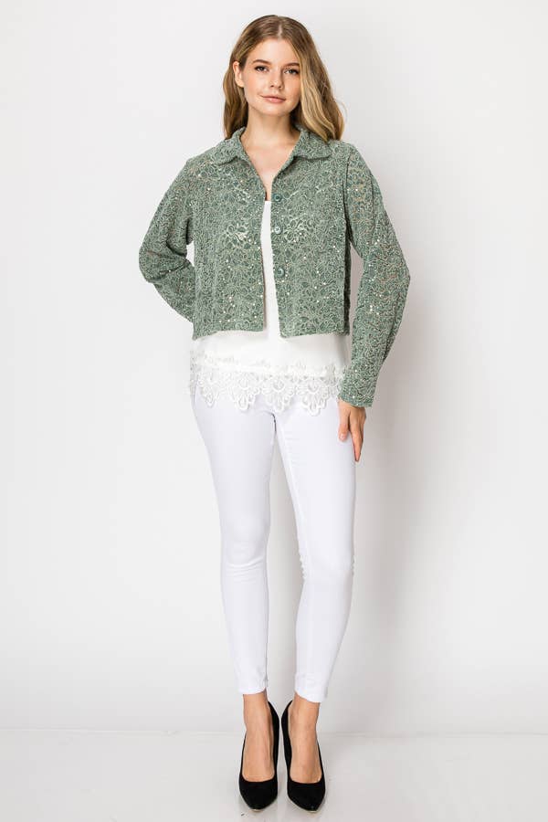 Cropped Sequin Embellished Button - Up Jacket - ivyandlavyboutique Origami Apparel ~ Lace and Crochet inspired